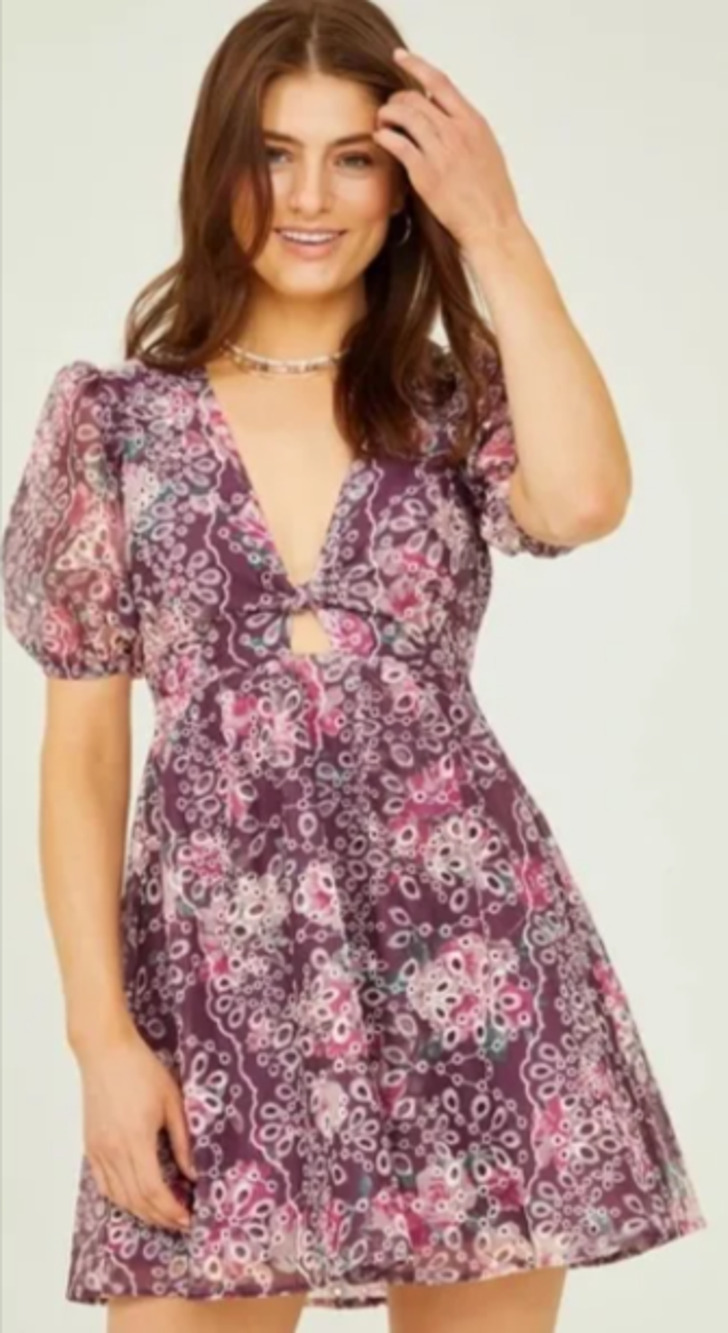 Altar'd State Grace purple floral eyelet puff sleeve mini dress Large 8-12